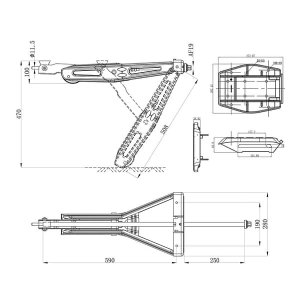Kulma vakaa 1000kg 605x280mm K:430mm sis. tukijalka ja pidennetty tasoitusmekanismi