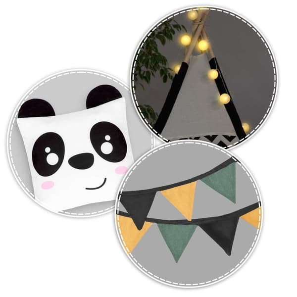 Tipitelt til børn med guirlande og lys Nukido, sort og hvid med panda