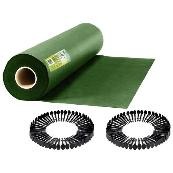 Trädgårdsagrotextil 1,6 m x 100 m 90 g/m2 + 100 Plonos stift - grön