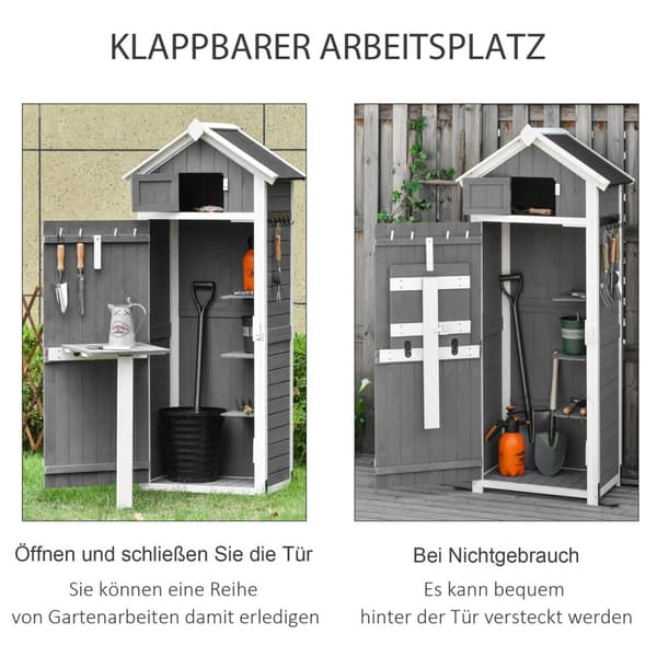 Hageskap med dør og tak, redskapsbod i tre, grå, 78x52,5x182cm, ideell for hageoppbevaring og sammenleggbart bord