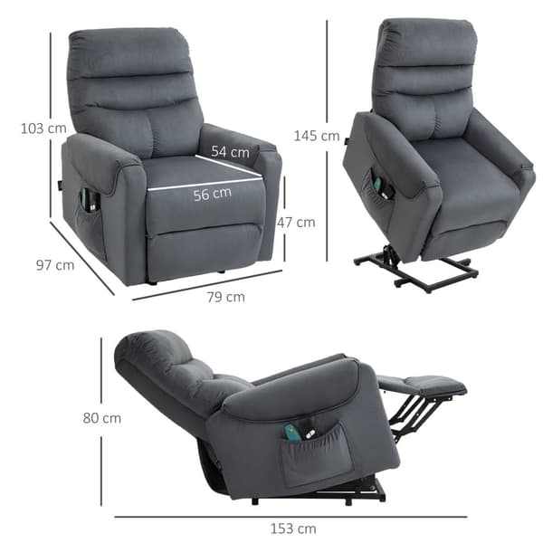 TV-fåtölj med massagefunktion och ståhjälp, elektriskt justerbar med värme- och liggfunktion, mörkgrå, 79 x 97 x 103 cm