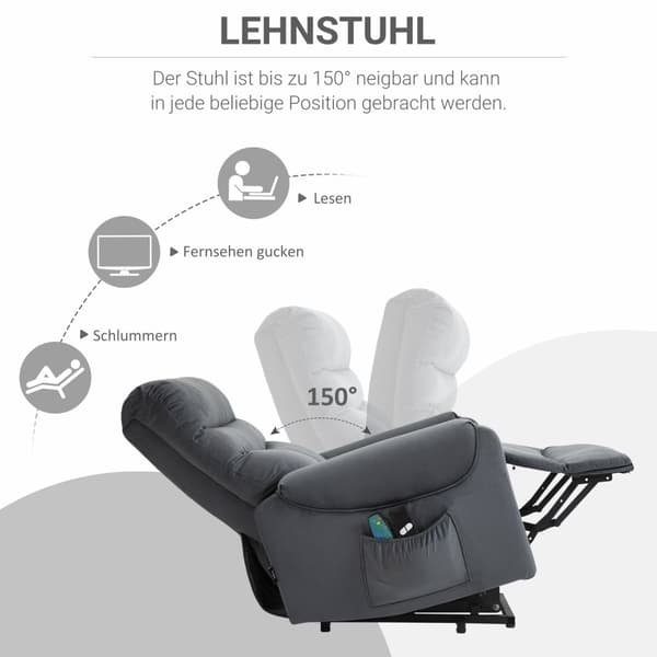 TV-fåtölj med massagefunktion och ståhjälp, elektriskt justerbar med värme- och liggfunktion, mörkgrå, 79 x 97 x 103 cm