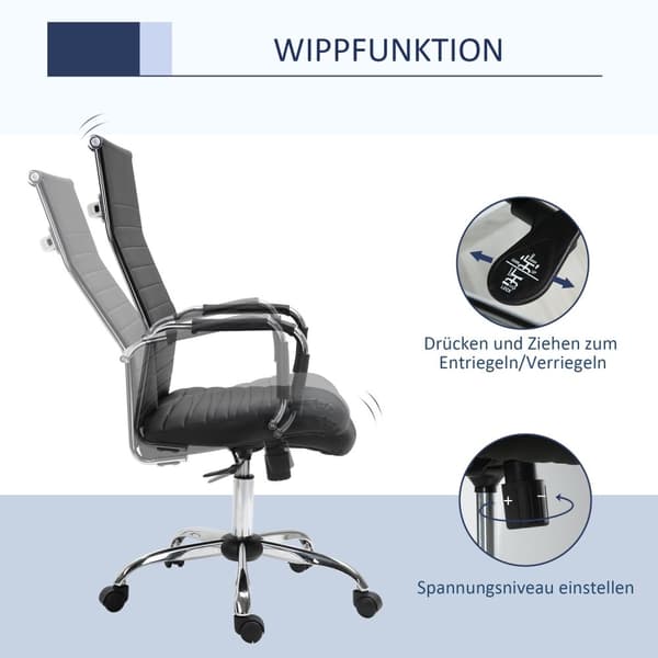 Kontorstol ergonomisk lederstol med vippefunksjon, høydejusterbar, trukket i kunstskinn og skum, svart
