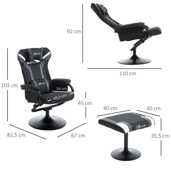 Afslapningsstol med skammel, tv-stol og spillestol, 130° vipbar, sort-grå, 67 x 82,5 x 103 cm for komfort og afslapning