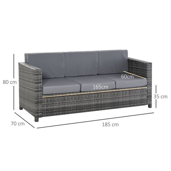Polyrottinki puutarhalounge sohva 3-istuttava tyynyillä, harmaa, metalli & polyesteri, 185 x 70 x 80 cm, ihanteellinen terassille ja parvekkeelle