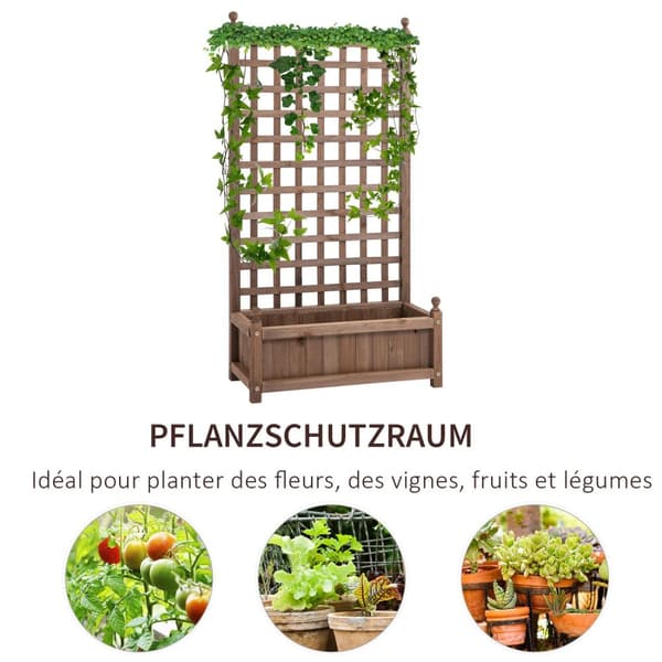 Plantekasse for hevet seng med espalier for klatreplanter laget av tre 64x28x120cm ideell for hage og balkong