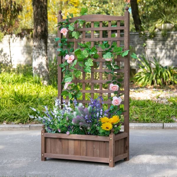 Plantekasse for hevet seng med espalier for klatreplanter laget av tre 64x28x120cm ideell for hage og balkong