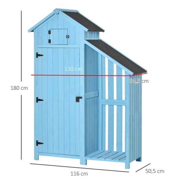 Hageskur redskapsbod med vedbod 3 hyller asfalttak grantre himmelblå 130x54,5x180cm for hage og terrasse