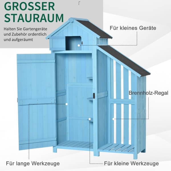 Hageskur redskapsbod med vedbod 3 hyller asfalttak grantre himmelblå 130x54,5x180cm for hage og terrasse