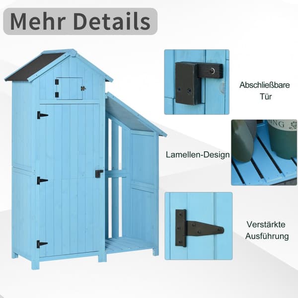 Hageskur redskapsbod med vedbod 3 hyller asfalttak grantre himmelblå 130x54,5x180cm for hage og terrasse