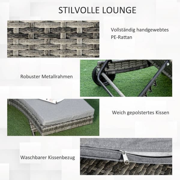 Solseng i polyrattan Hageseng med pute 5-nivå justerbar S-form hagemøbler metallgrå 207 x 70 x 70 cm