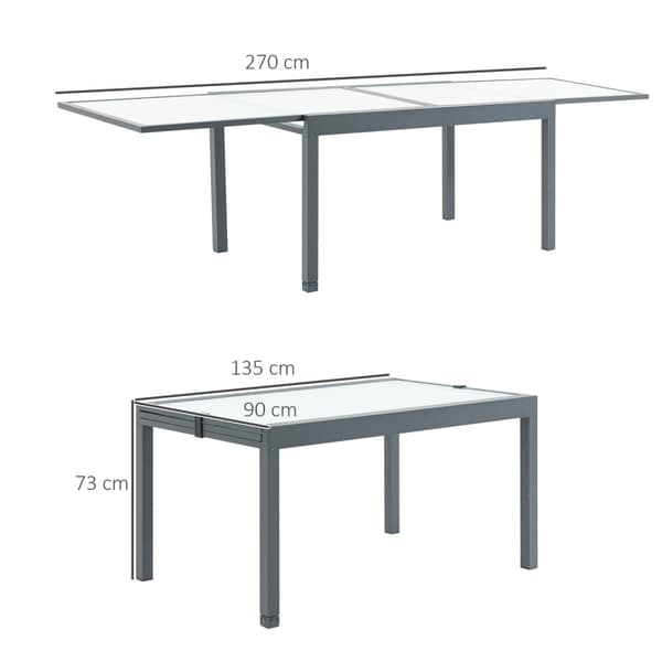 Hagebord spisebord med herdet glassplate 160-210 cm uttrekkbart, aluminium, rektangulært, gråhvitt for balkong og hagemøbler