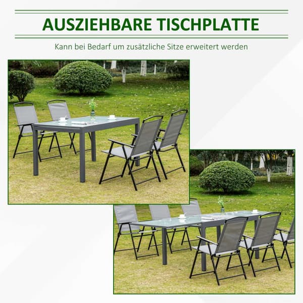 Hagebord spisebord med herdet glassplate 160-210 cm uttrekkbart, aluminium, rektangulært, gråhvitt for balkong og hagemøbler