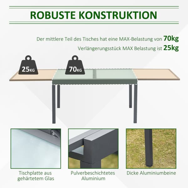 Hagebord spisebord med herdet glassplate 160-210 cm uttrekkbart, aluminium, rektangulært, gråhvitt for balkong og hagemøbler