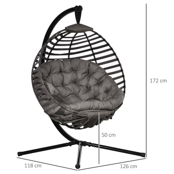 Hengestol hengekurv med ramme for 1 person, sammenleggbar hengende huske med pute, stål, 126x118x172cm for hage og balkong