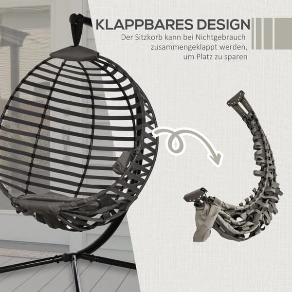 Hengestol hengekurv med ramme for 1 person, sammenleggbar hengende huske med pute, stål, 126x118x172cm for hage og balkong