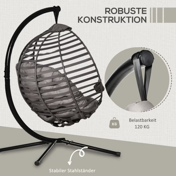 Hengestol hengekurv med ramme for 1 person, sammenleggbar hengende huske med pute, stål, 126x118x172cm for hage og balkong