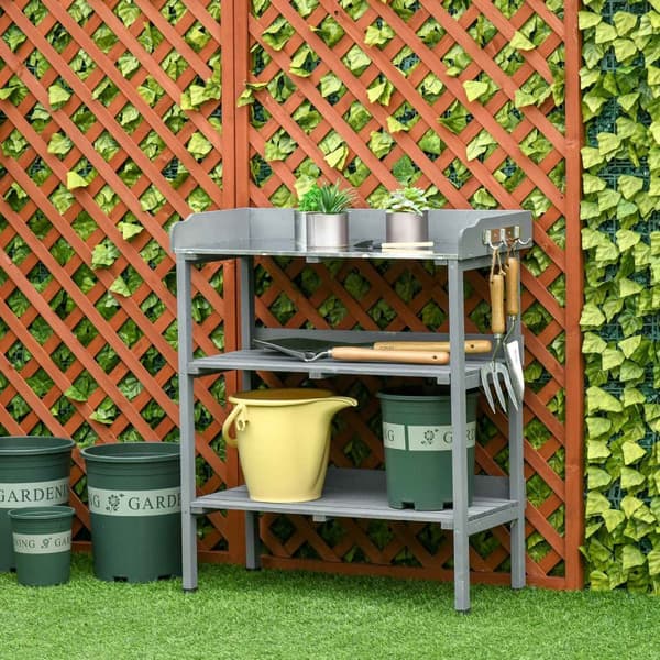 Plant bord trädgårdsmästare bord blombord med metall arbetsyta och trä 76x37x89cm perfekt för trädgård & balkong