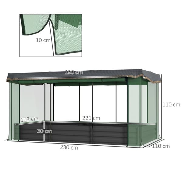 Højbed i stål med fuglebeskyttelsesnet, mørkegrå haveseng til altan og terrasse, 230x110x110cm, ideel solafskærmning