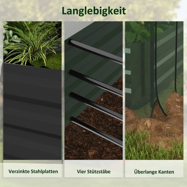 Højbed i stål med fuglebeskyttelsesnet, mørkegrå haveseng til altan og terrasse, 230x110x110cm, ideel solafskærmning