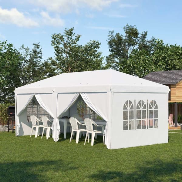 Lysthus 5,85 x 2,95 m hagepaviljong sammenleggbar med UV-beskyttelse, partytelt inkl. sidevegger & vinduer, glidelåsdører, stålhvit