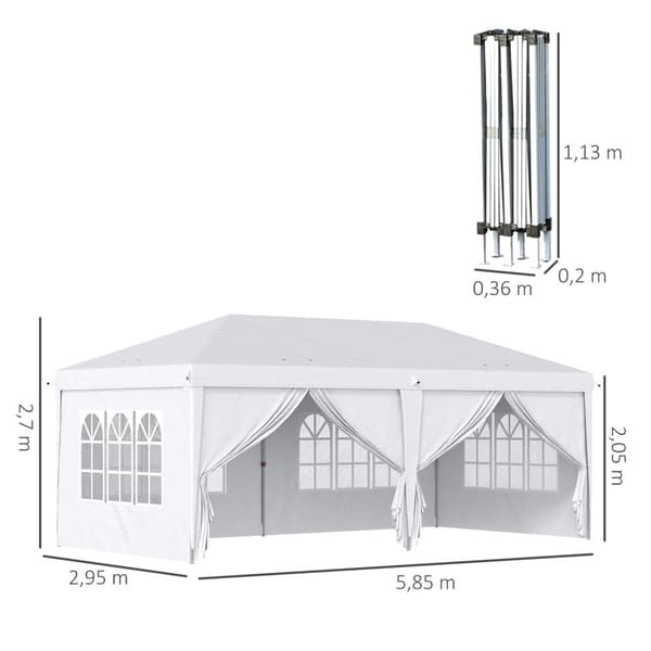 Lysthus 5,85 x 2,95 m hagepaviljong sammenleggbar med UV-beskyttelse, partytelt inkl. sidevegger & vinduer, glidelåsdører, stålhvit
