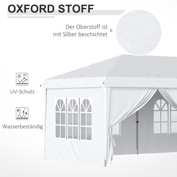 Lysthus 5,85 x 2,95 m hagepaviljong sammenleggbar med UV-beskyttelse, partytelt inkl. sidevegger & vinduer, glidelåsdører, stålhvit