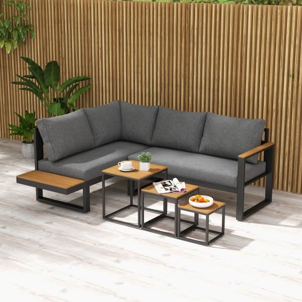 5-delt hagemøbelsett med hjørnesofa og dobbel sofa, salongbord, balkongmøbelsett med sittepute, hagesalongsett, grå