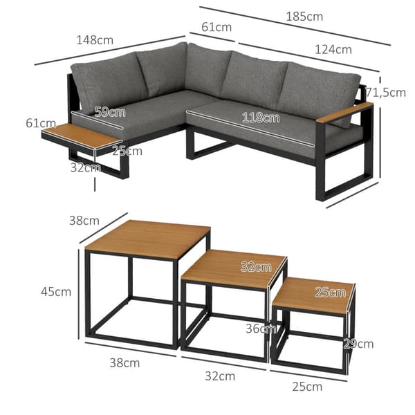 5-delt hagemøbelsett med hjørnesofa og dobbel sofa, salongbord, balkongmøbelsett med sittepute, hagesalongsett, grå