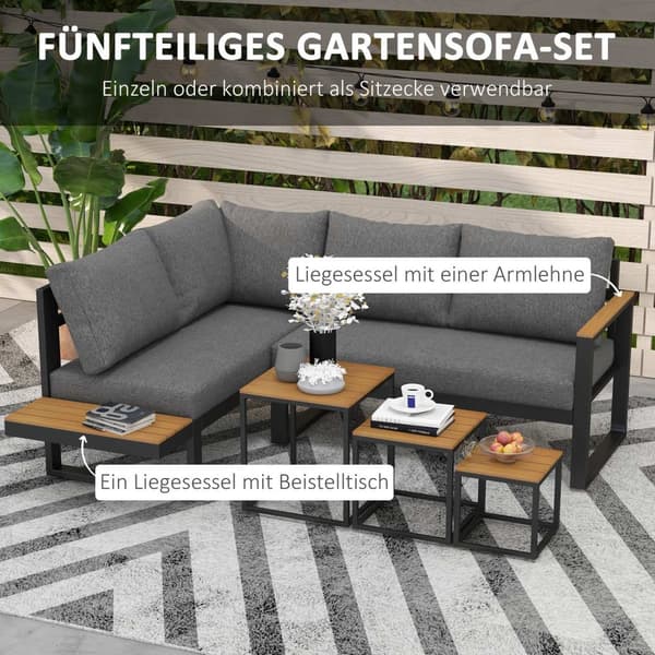 5-delt hagemøbelsett med hjørnesofa og dobbel sofa, salongbord, balkongmøbelsett med sittepute, hagesalongsett, grå