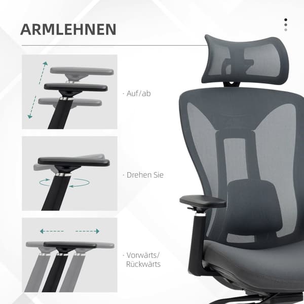 Kontorstol Ergonomisk skrivebordsstol med hvilefunksjon Mesh Grey for komfortabelt arbeid og avslapping
