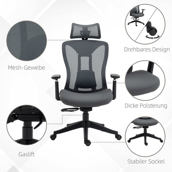Kontorstol Ergonomisk skrivebordsstol med hvilefunksjon Mesh Grey for komfortabelt arbeid og avslapping
