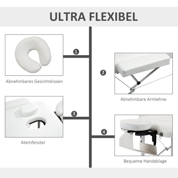 Sammenklappeligt massagebord, højdejusterbart med pude til salon & spa, plastik & aluminium, hvid, 215 x 60 x 61-84 cm