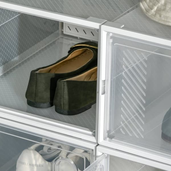 Sæt med 8 skoæsker, skooptræk med magnetlåger, skoæske med låg, skoopbevaring i plast, til sko op til størrelse 45, gennemsigtig + hvid