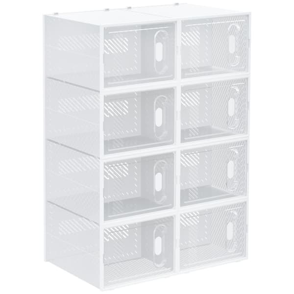 Sett med 8 skoesker, skoholder med magnetdører, skoeske med lokk, skooppbevaring i plast, for sko opp til størrelse 45, gjennomsiktig + hvit