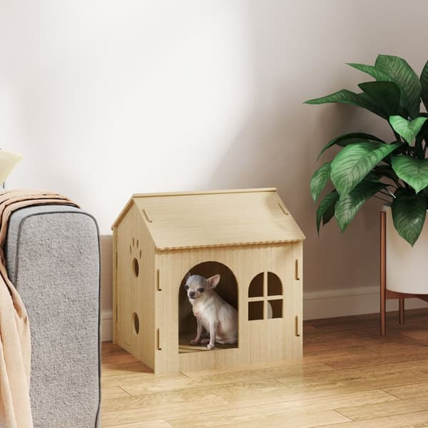 Hundehus med vindu, kattehus med søtt potedesign, montering uten skruer, for små hunder under 4 kg, innendørs, 49,5 x 41 x 51 cm, eik