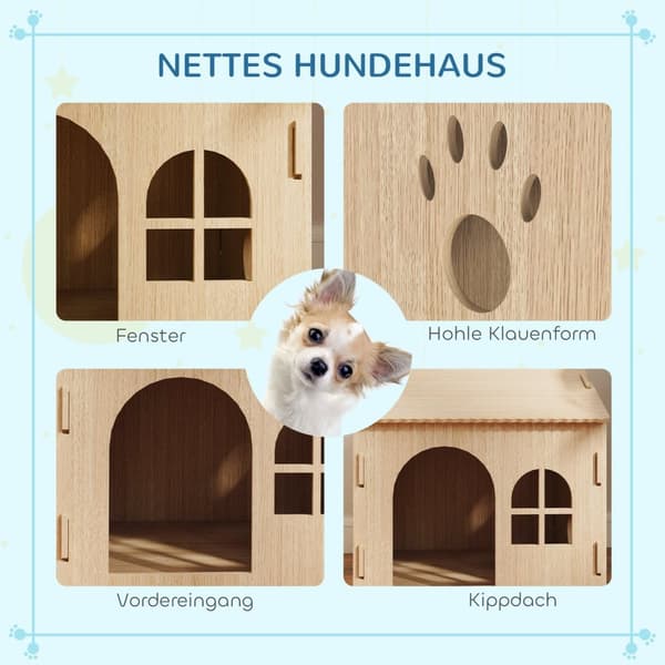 Hundehus med vindu, kattehus med søtt potedesign, montering uten skruer, for små hunder under 4 kg, innendørs, 49,5 x 41 x 51 cm, eik