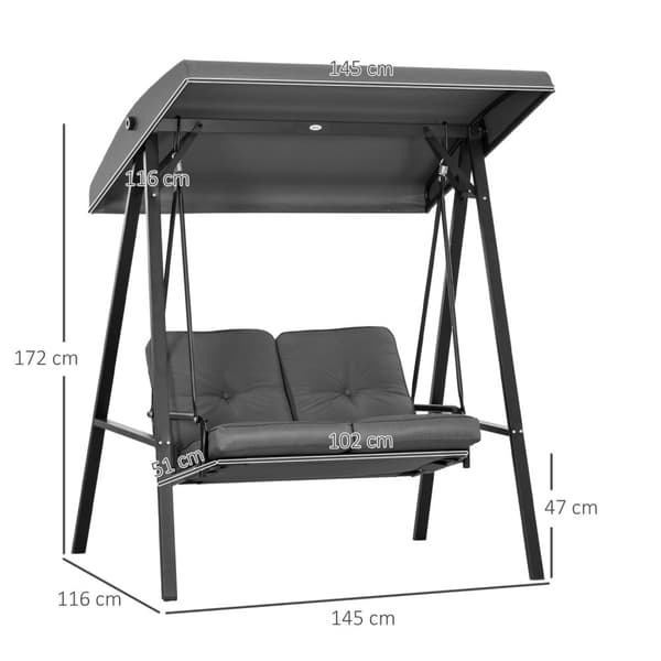 Hollywood-huske, 2-seters hagehuske med justerbart tak, pute, huskebenk, lastekapasitet opptil 220 kg, for hage, balkong, mørkegrå, 145 x 116 x 172 cm