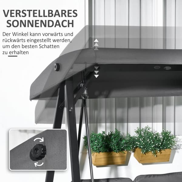 Hollywood-huske, 2-seters hagehuske med justerbart tak, pute, huskebenk, lastekapasitet opptil 220 kg, for hage, balkong, mørkegrå, 145 x 116 x 172 cm
