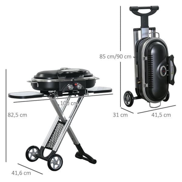 Gassgrill BBQ grillvogn sammenleggbar med 2 brennere og grillnett, rustfritt stål svart sølv, sidehylle med hjul, 2,34 kW, 100x41,6x82,5cm