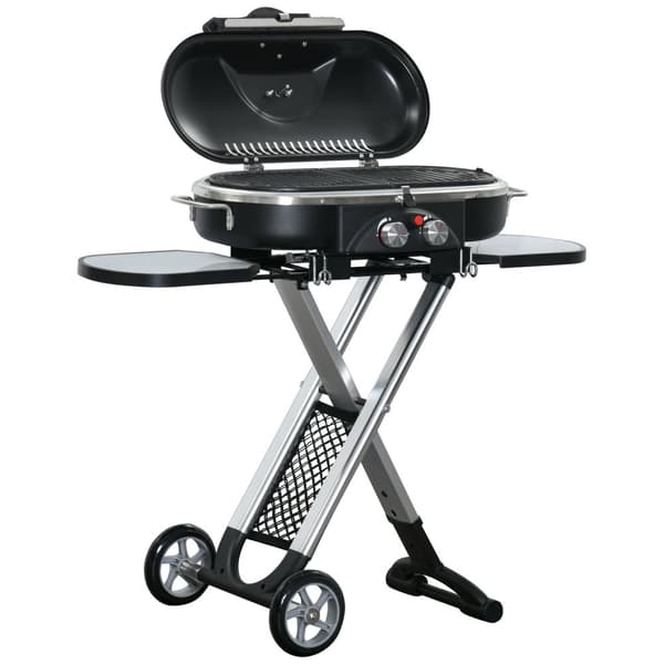 Gassgrill BBQ grillvogn sammenleggbar med 2 brennere og grillnett, rustfritt stål svart sølv, sidehylle med hjul, 2,34 kW, 100x41,6x82,5cm