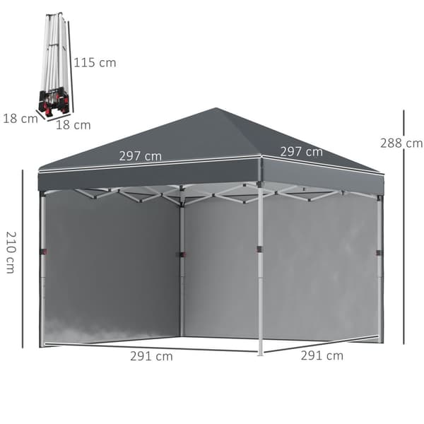 Sammenleggbar paviljong 2,97 x 2,97 m med sidevegger, UV-beskyttelse campingtelt, partytelt med sandsekk, stål mørk grå til hage og terrasse