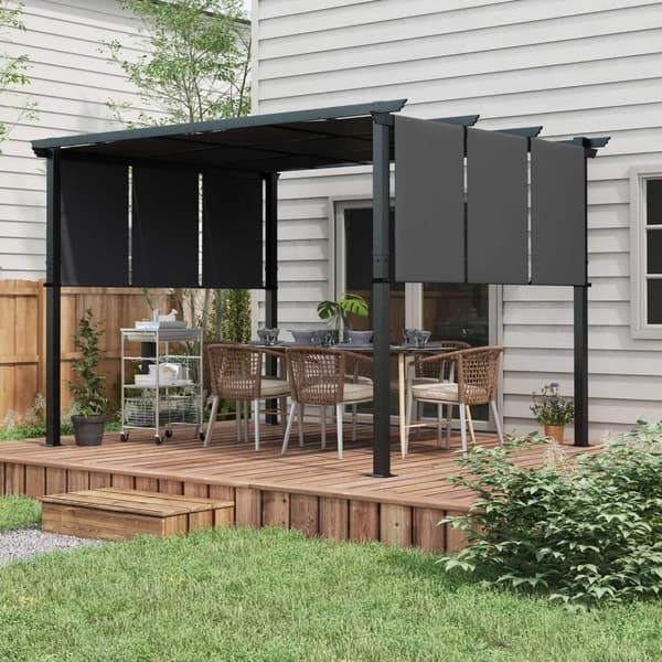 Gazebo 3,5x3m pergola med sidovägg, altantak, mörkgrå, väderbeständig för trädgård och terrass