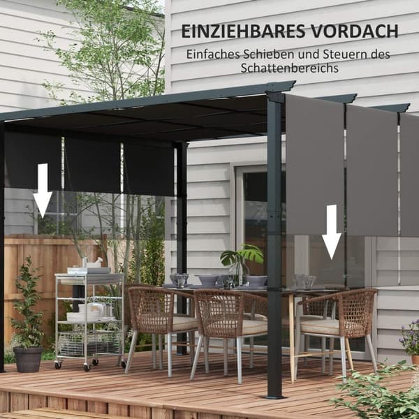 Gazebo 3,5x3m pergola med sidovägg, altantak, mörkgrå, väderbeständig för trädgård och terrass