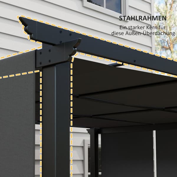 Gazebo 3,5x3m pergola med sidovägg, altantak, mörkgrå, väderbeständig för trädgård och terrass