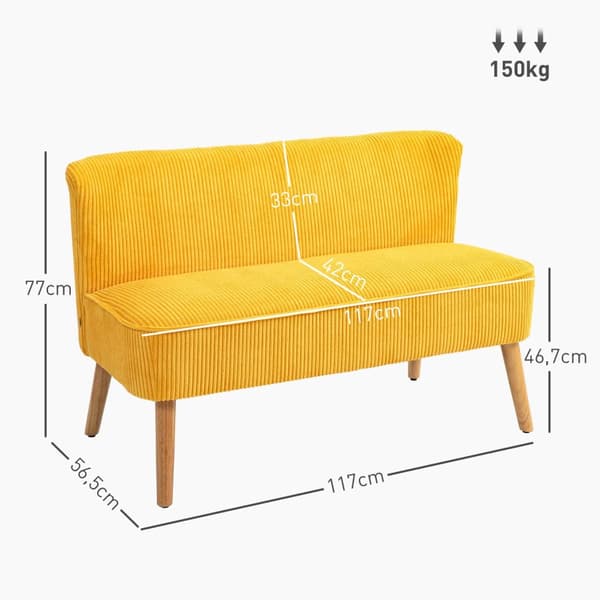 2-seters sofa, trukket sofa, dobbel sofa, to-seters sofa, ledningslignende polyesterskum til stue, soverom, 117 x 56,5 x 77 cm, gul