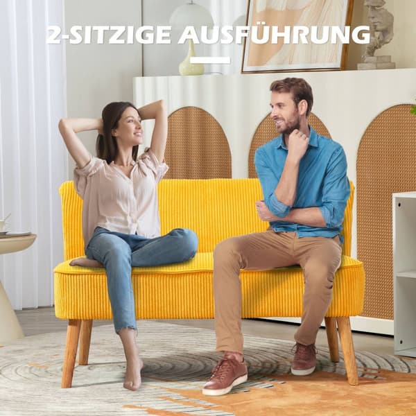 2-seters sofa, trukket sofa, dobbel sofa, to-seters sofa, ledningslignende polyesterskum til stue, soverom, 117 x 56,5 x 77 cm, gul
