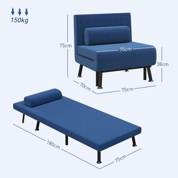 Sovstol, hopfällbar säng med sängfunktion, ryggkudde, hopfällbar relaxstol med linnelook, justerbart ryggstöd, 75 x 70 x 75 cm, mörkblå
