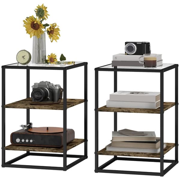 Sett med 2 salongbord, sidebord med glassplate, stuebord med 3 plan, sofabord til stue, soverom, gang, 37 x 40 x 55,5 cm, rustikk brun