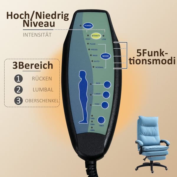 Kontorstol med massagefunktion, ergonomisk skrivebordsstol med læne- og drejefunktion, højdejusterbar computerstol med fodstøtte, fjernbetjening og ti